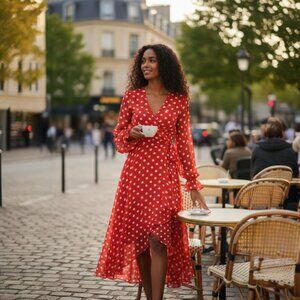 DESIGNER MEGHAN LOS ANGELES RED /WHITE POLKA DOT LONG SLEEVE TIE WAIST DRESS M